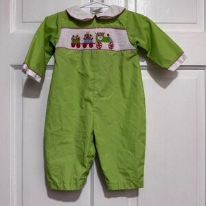 6 Month Smocked Christmas Collar Outfit Green Long Sleeve Pants One Piece Train